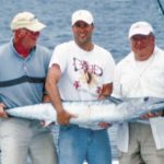 Ron Parison, Frank Eubanks and Bob Parmely aboard the Game Fisher Too of Holden Beach with Captain Alex Humphrey caught a 74-pound wahoo.