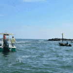 This boat is set up inside the north jetty at Masonboro.