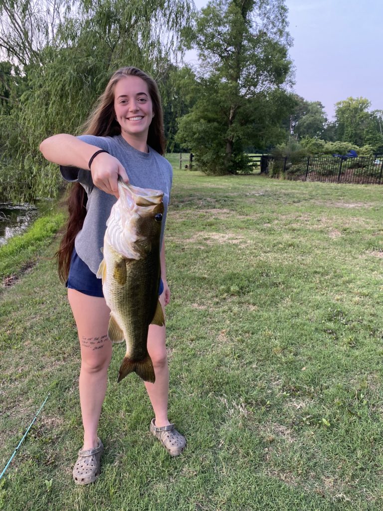 Hey I’m Brooke and I caught this hog on my lews baitcaster using a black worm late evening in a farm pond out of Carthage NC.