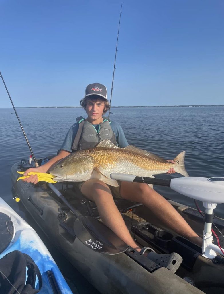Connor Mrazek, 13-years-old, caught a Red Drum in Havelock off of the Neuse River from his kayak.