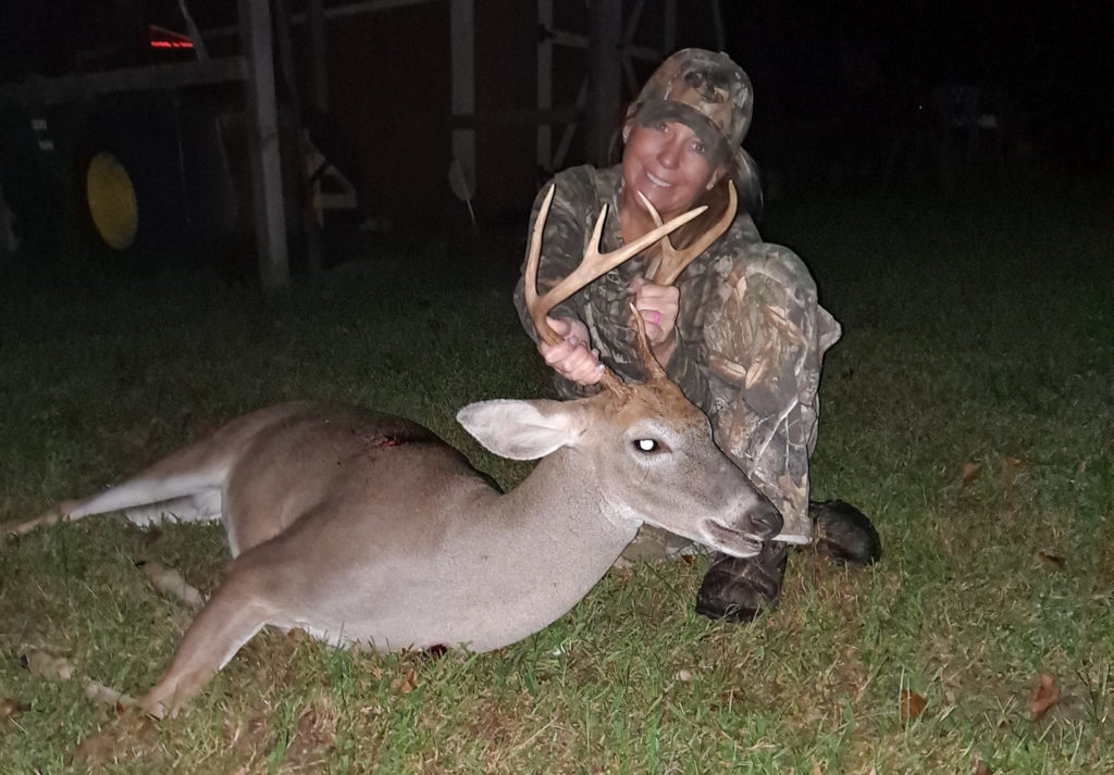 Niki Hopkins, 6 pointer, Sept 27 evening. Rockingham Co. PiNK camo crossbow. I enjoy hunting with my Husband.