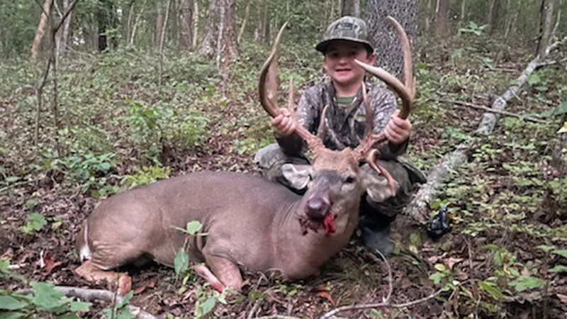 Easton Autry, 8-years-old, set out with his crossbow and shot this big 13-point buck right before dark on Sept. 21, 2022 in Alamance County.