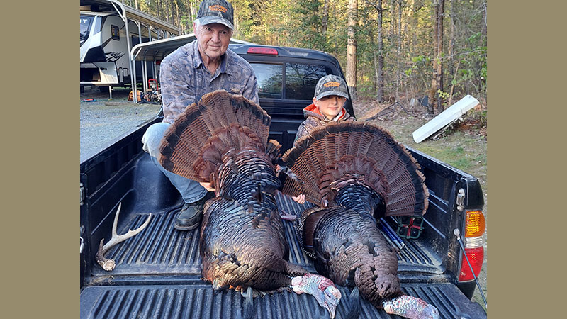 Terry and Luke Dennis doubled up on gobblers during a hunt in Anson County, NC on April 10, 2023.