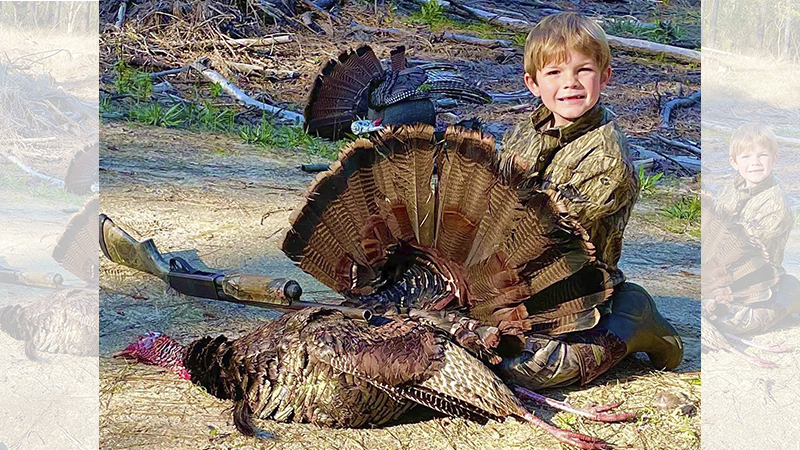 Tucker Bryant, 6-years-old, killed his first turkey, which had a double beard, in Clarendon County, SC in early April, 2023.