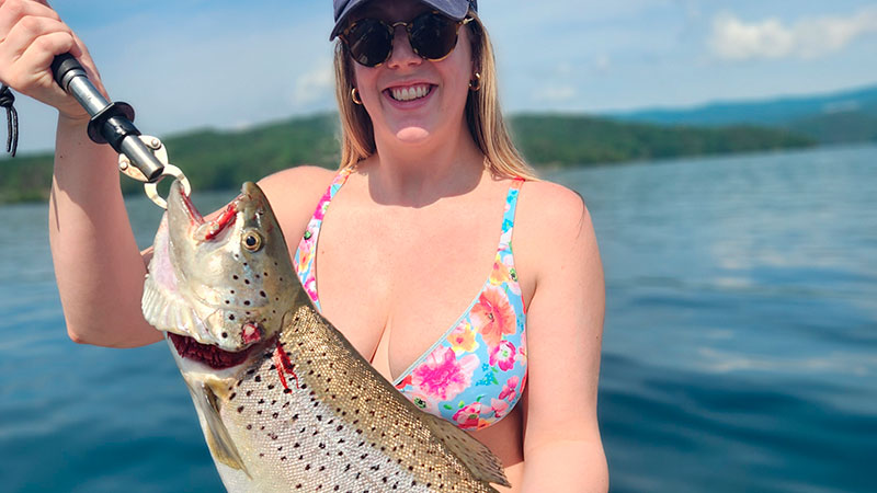 Andrea Redding caught this huge 9-pound brown trout on Mothers Day, trolling a Sutton Spoon on Lake Jocassee.