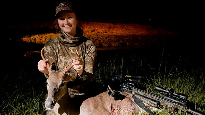 On her first solo deer hunt, and the first time she's hunted with a crossbow, Becca Toney scored on a 5-point buck in Forest City, NC.