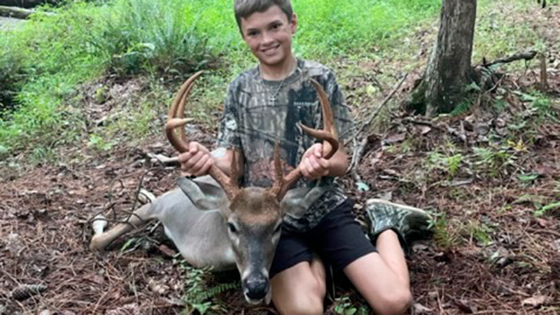 Owen Ramsey, 11-years-old, killed this 8-point buck in Wake County, NC on Sept. 10, 2023. He shot the buck with a crossbow.