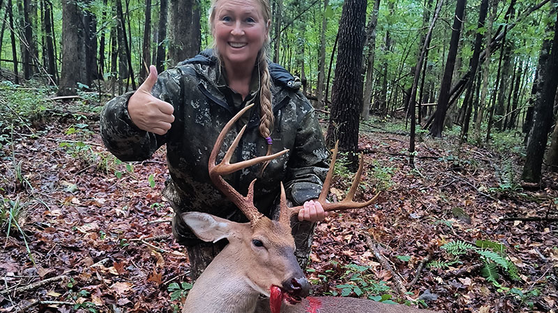 Karen Bentley shot this buck in Orange County, NC on opening day of 2023 during the post-storm afternoon.