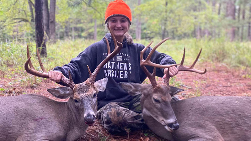 Emmerson Adams, killed her two biggest bucks to date on the same hunt in Stokes County, NC on Sept. 23, 2023.