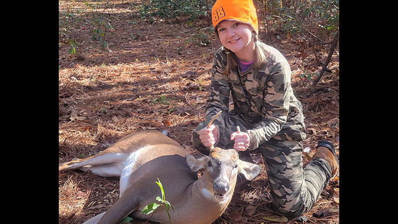 Aubrey Meares killed her first deer (and first buck) in Robeson County, NC on Nov. 25, 2023.