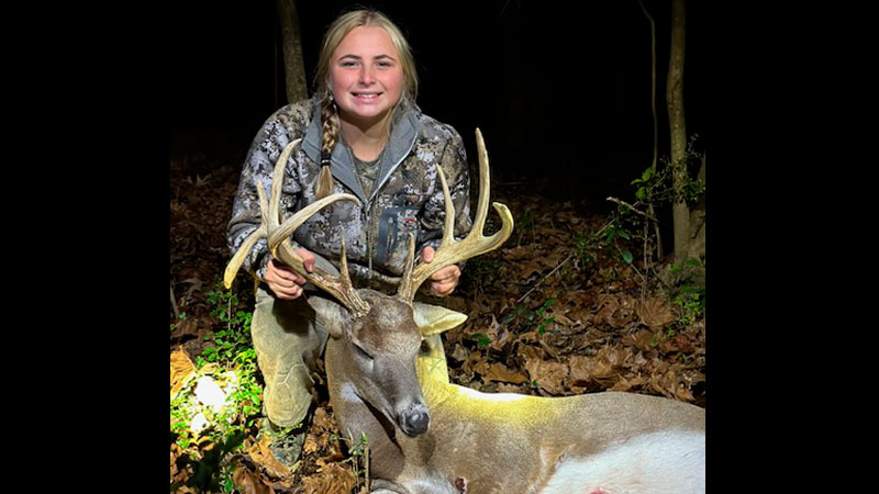 Aubree Lynn Green, 15-years-old, was hunting in Richland County, SC on Nov. 25, 2023 when she killed this 11-point, drop-tine buck.