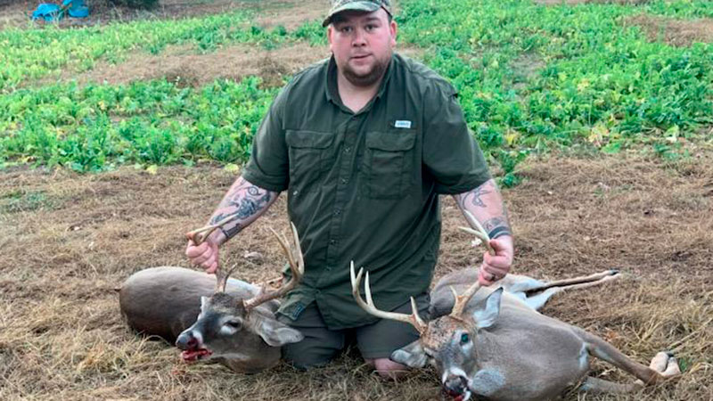 William Heldreth doubled up in Moore County with a 7- and 8-point shot together during the rut with a Savage Axis 30.06 from 120 yards away.