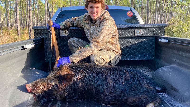 Beckett Holley shot his first wild pig two days before Christmas while hunting near Charleston, SC. The pig weighed 159 pounds.