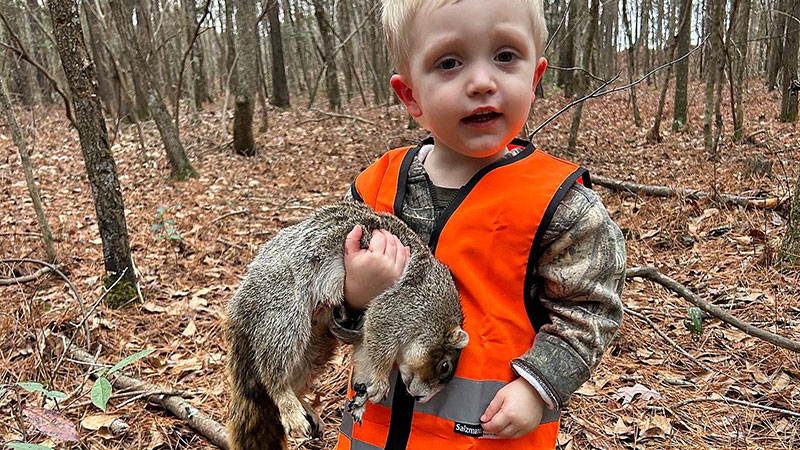 Youth hunter Parker Johnson on his very first squirrel trip, with his dad in Wilson, NC.