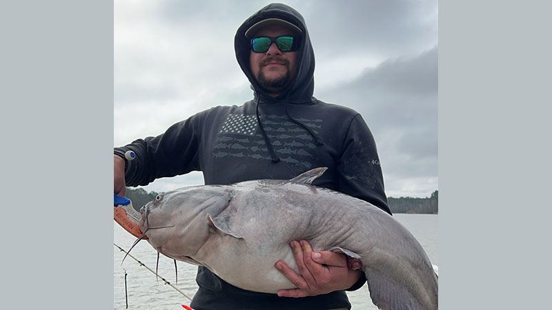 I put my buddy Cody Eargle on this blue catfish at Lake Moultrie on the morning of March 4, 2024.